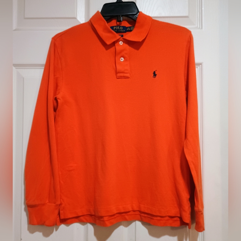 Boys Polo Ralph Lauren Vibrant Orange Classic Fit Blue Logo Long Sleeve 14/16